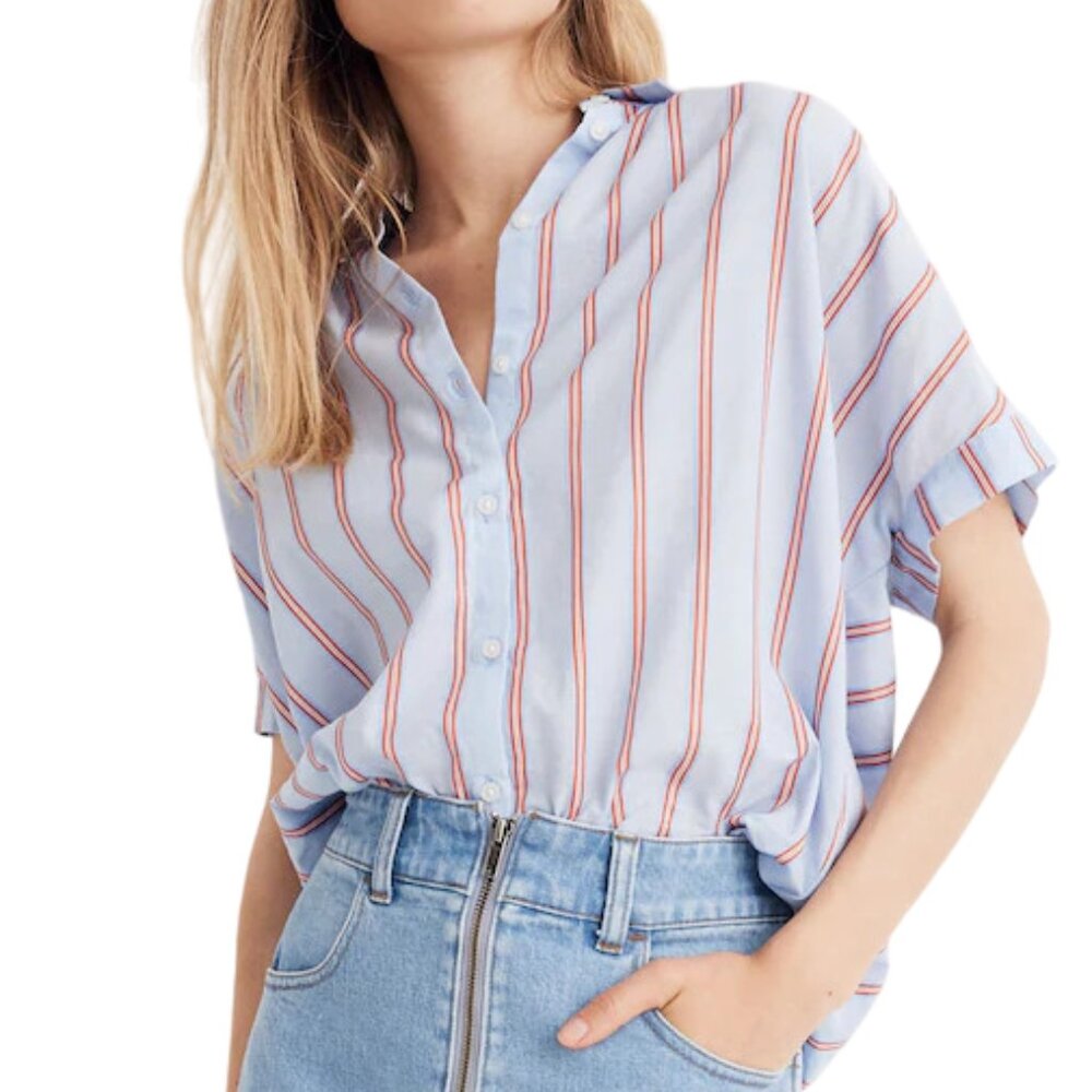 Madewell Light Blue Button-Down Shirt with Red Stripe